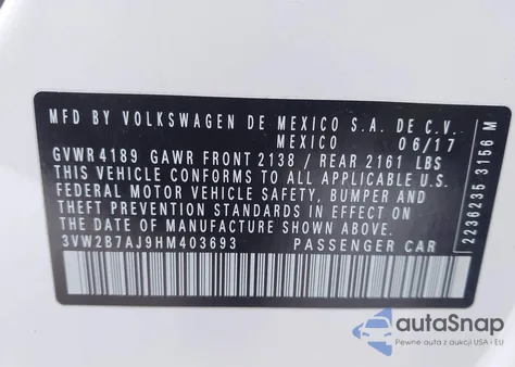 2017 Volkswagen Jetta 1.4T S из США, поврежденный, VIN 3VW2B7AJ9HM403693